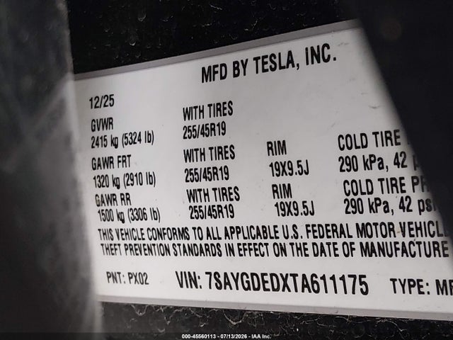 Aukcja sprzedaży 2026 Tesla Model Y Premium Rear-wheel Drive/rear-wheel Drive, vin: 7SAYGDEDXTA611175, numer aukcji: 45560113