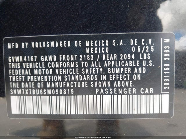 45560115 :رقم المزاد ، 3VW7X7BU6SM090819 vin ، 2025 Volkswagen Jetta 1.5t Se مزاد بيع
