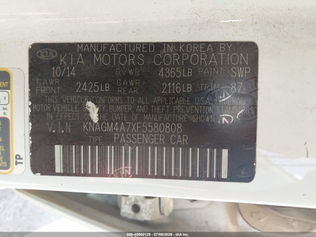 Aukcja sprzedaży 2015 Kia Optima Lx, vin: KNAGM4A7XF5580808, numer aukcji: 45560129