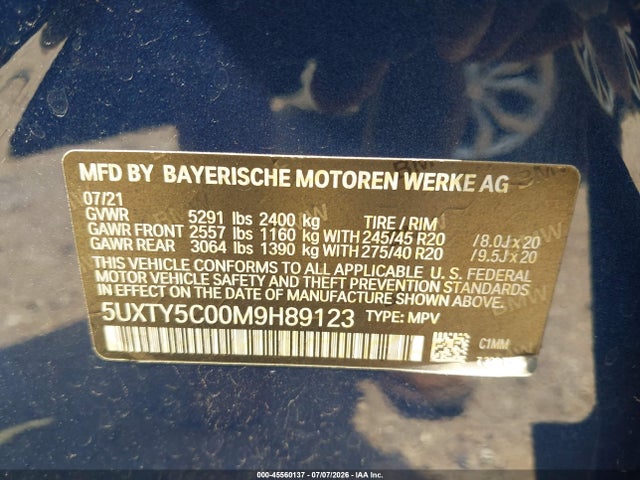 Продаж на аукціоні авто 2021 Bmw X3 Xdrive30i, vin: 5UXTY5C00M9H89123, номер лоту: 45560137