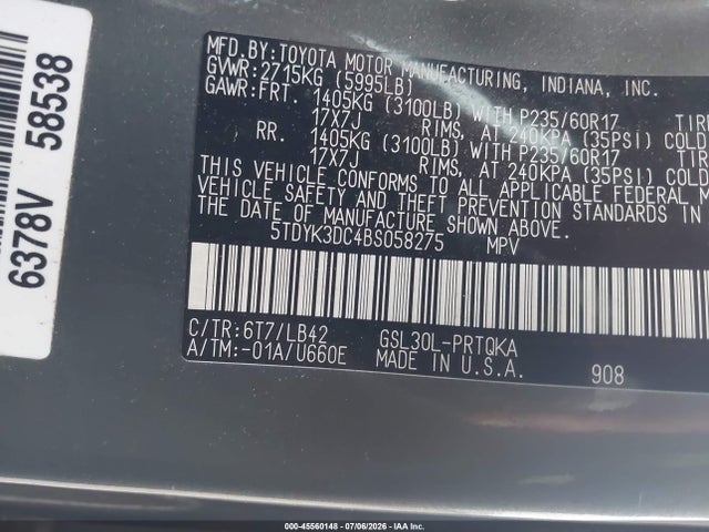 Auction sale of the 2011 Toyota Sienna Xle V6, vin: 5TDYK3DC4BS058275, lot number: 45560148