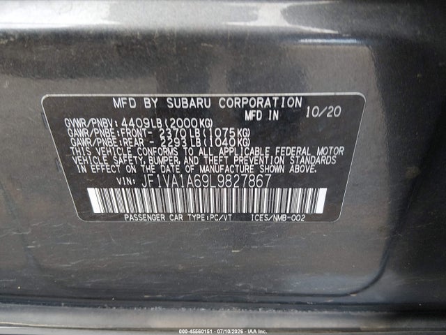 45560151 :رقم المزاد ، JF1VA1A69L9827867 vin ، 2020 Subaru Wrx مزاد بيع
