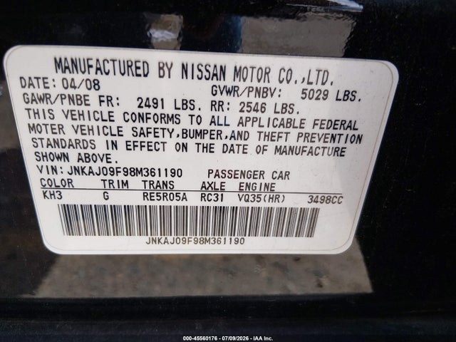 45560176 :رقم المزاد ، JNKAJ09F98M361190 vin ، 2008 Infiniti Ex35 Journey مزاد بيع