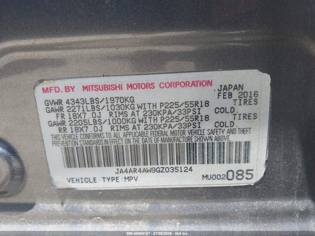 45560187 :رقم المزاد ، JA4AR4AW9GZ035124 vin ، 2016 Mitsubishi Outlander Sport 2.4 Sel مزاد بيع