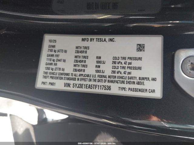Продажа на аукционе авто 2026 Tesla Model 3, vin: 5YJ3E1EA5TF117536, номер лота: 45560196