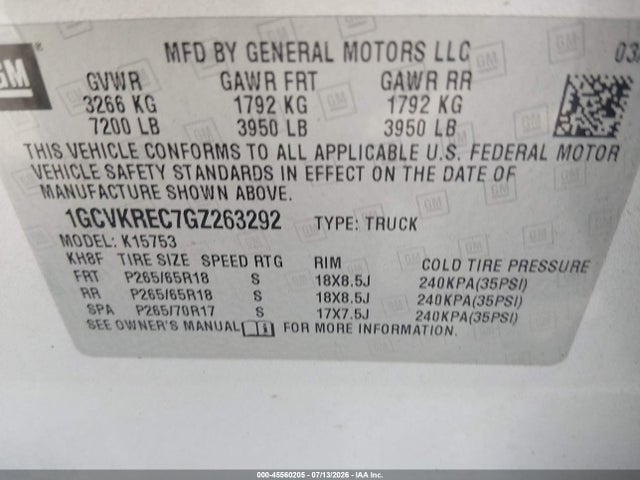 45560205 :رقم المزاد ، 1GCVKREC7GZ263292 vin ، 2016 Chevrolet Silverado 1500 Lt مزاد بيع