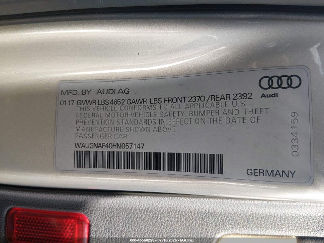 Продажа на аукционе авто 2017 Audi A4 Premium, vin: WAUGNAF40HN057147, номер лота: 45560255