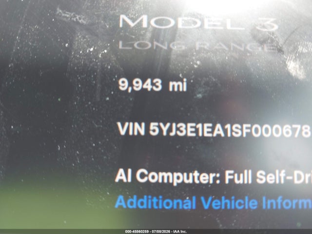 Aukcja sprzedaży 2025 Tesla Model 3 Long Range Rear-wheel Drive/standard Rear-wheel Drive, vin: 5YJ3E1EA1SF000678, numer aukcji: 45560259