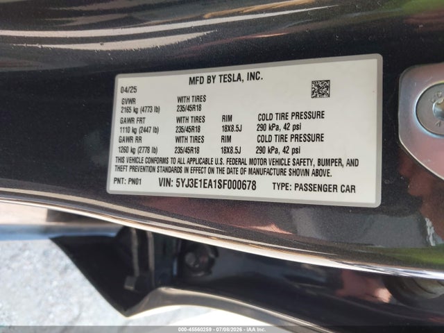 Aukcja sprzedaży 2025 Tesla Model 3 Long Range Rear-wheel Drive/standard Rear-wheel Drive, vin: 5YJ3E1EA1SF000678, numer aukcji: 45560259