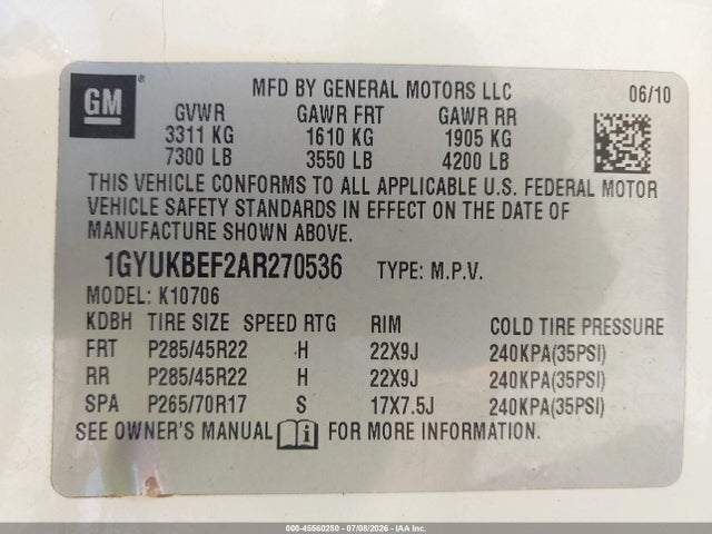 Продажа на аукционе авто 2010 Cadillac Escalade Luxury, vin: 1GYUKBEF2AR270536, номер лота: 45560280