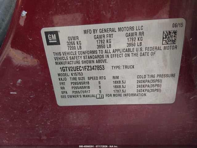 Aukcja sprzedaży 2015 Gmc Sierra 1500 Sle, vin: 1GTV2UEC1FZ347853, numer aukcji: 45560291