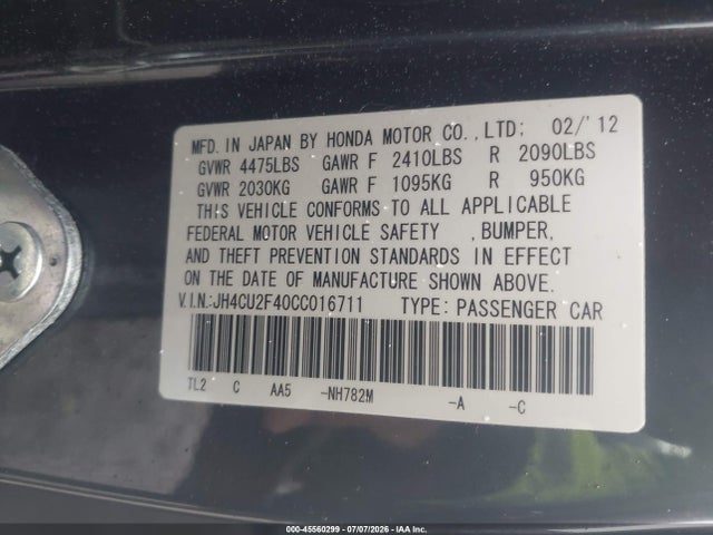 Auction sale of the 2012 Acura Tsx 2.4, vin: JH4CU2F40CC016711, lot number: 45560299