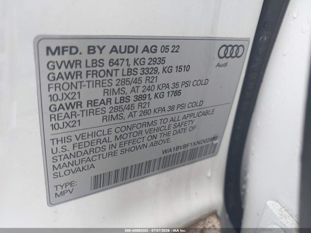 Продаж на аукціоні авто 2022 Audi Q8 Premium Plus 55 Tfsi Quattro Tiptronic, vin: WA1BVBF1XND026881, номер лоту: 45560302