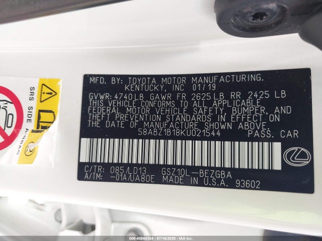 45560384 :رقم المزاد ، 58ABZ1B18KU021544 vin ، 2019 Lexus Es 350 مزاد بيع