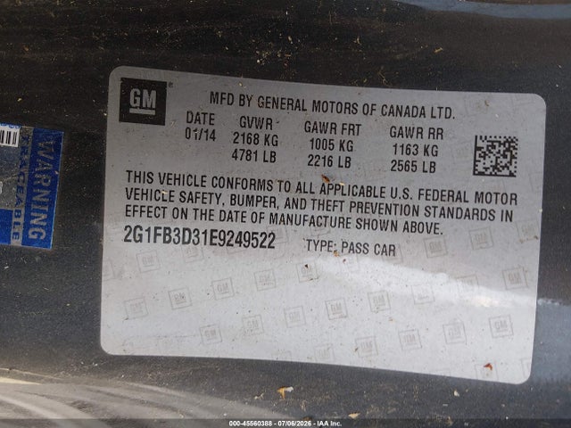 45560388 :رقم المزاد ، 2G1FB3D31E9249522 vin ، 2014 Chevrolet Camaro 1lt مزاد بيع