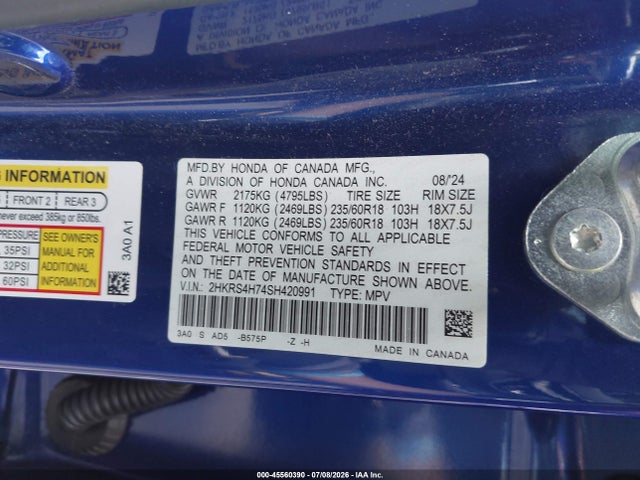 2025 Honda Cr-v Ex-l Awd მანქანა იყიდება აუქციონზე, vin: 2HKRS4H74SH420991, აუქციონის ნომერი: 45560390