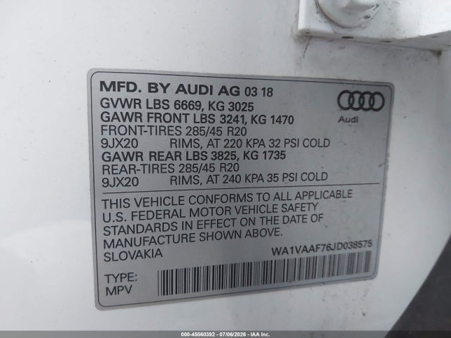 Продажа на аукционе авто 2018 Audi Q7 3.0t Premium, vin: WA1VAAF76JD038575, номер лота: 45560392