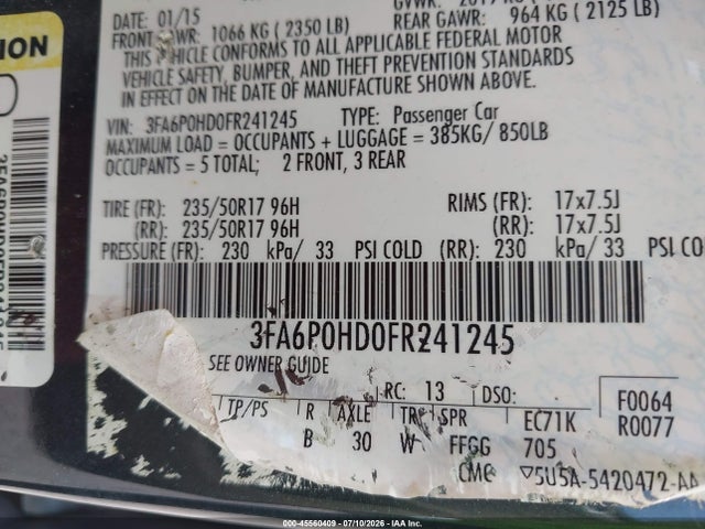 Aukcja sprzedaży 2015 Ford Fusion Se, vin: 3FA6P0HD0FR241245, numer aukcji: 45560409