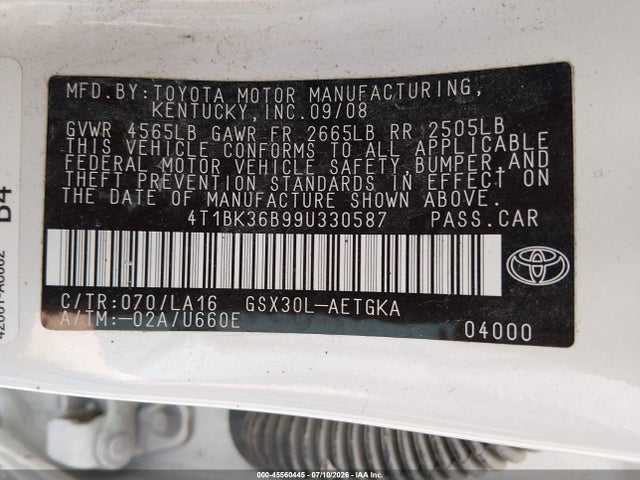 2009 Toyota Avalon Xls მანქანა იყიდება აუქციონზე, vin: 4T1BK36B99U330587, აუქციონის ნომერი: 45560445