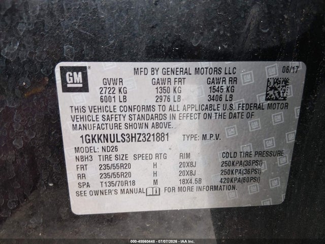 45560448 :رقم المزاد ، 1GKKNULS3HZ321881 vin ، 2017 Gmc Acadia Slt-1 مزاد بيع
