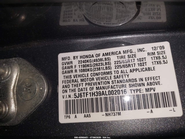 Продаж на аукціоні авто 2010 Honda Accord Crosstour Ex, vin: 5J6TF1H39AL002016, номер лоту: 45560451