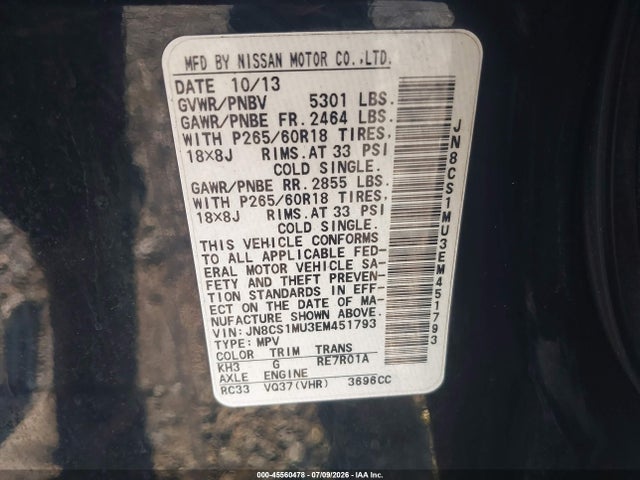 Продажа на аукционе авто 2014 Infiniti Qx70, vin: JN8CS1MU3EM451793, номер лота: 45560478