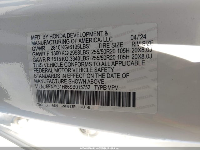 2025 Honda Pilot Elite მანქანა იყიდება აუქციონზე, vin: 5FNYG1H86SB015752, აუქციონის ნომერი: 45560491