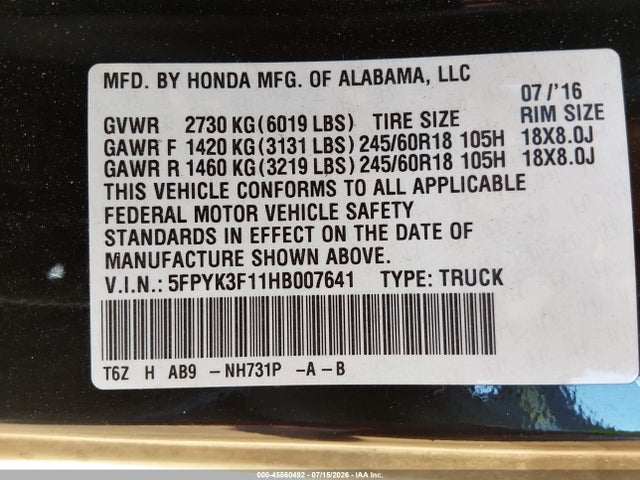 Honda Ridgeline Sport 2017 5FPYK3F11HB007641 Image 9