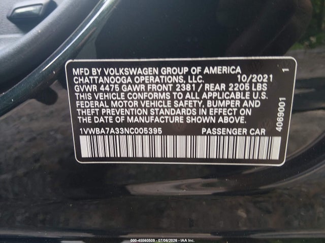 Продаж на аукціоні авто 2022 Volkswagen Passat 2.0t Limited Edition, vin: 1VWBA7A33NC005395, номер лоту: 45560509