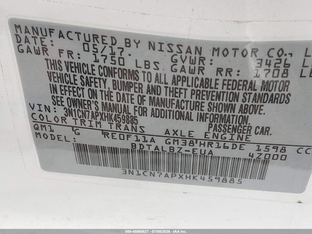 3N1CN7APXHK459885 Nissan Versa 1.6 Sv