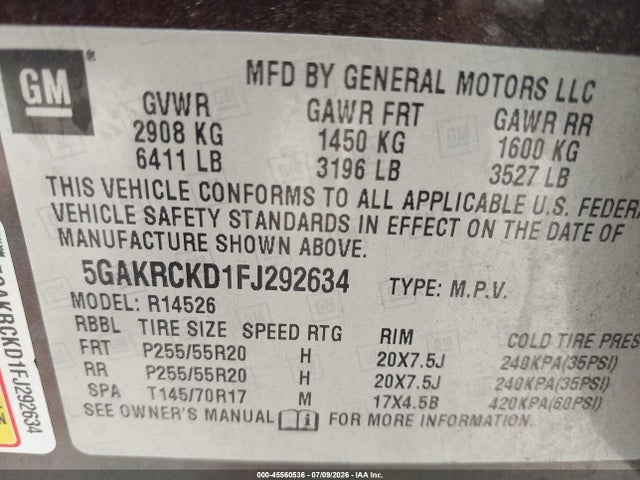Buick Enclave Premium 2015 5GAKRCKD1FJ292634 Image 9