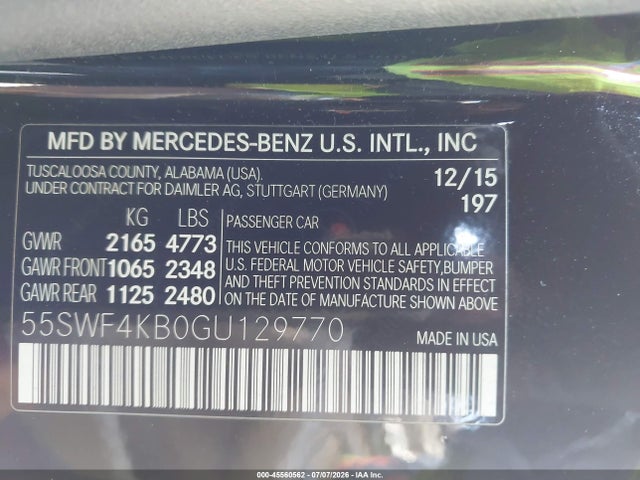Продаж на аукціоні авто 2016 Mercedes-benz C 300 Luxury 4matic, vin: 55SWF4KB0GU129770, номер лоту: 45560562