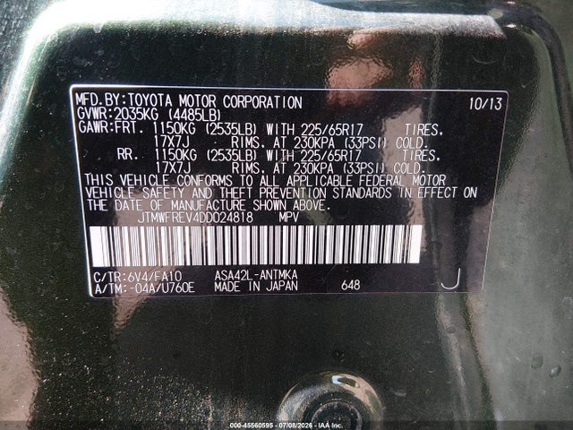 Продажа на аукционе авто 2013 Toyota Rav4 Xle, vin: JTMWFREV4DD024818, номер лота: 45560595