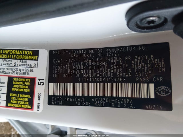 Продажа на аукционе авто 2023 Toyota Camry Le, vin: 4T1R11AK0PU124763, номер лота: 45560625