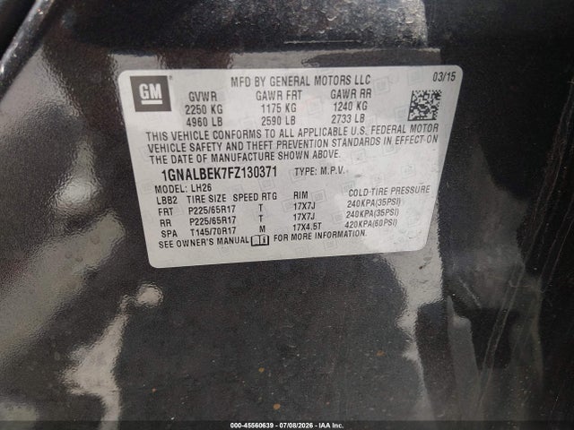45560639 :رقم المزاد ، 1GNALBEK7FZ130371 vin ، 2015 Chevrolet Equinox Lt مزاد بيع