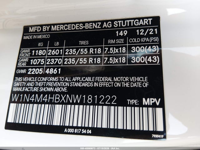 Aukcja sprzedaży 2022 Mercedes-benz Glb 250 4matic, vin: W1N4M4HBXNW181222, numer aukcji: 45560673