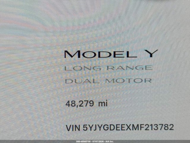 Продаж на аукціоні авто 2021 Tesla Model Y Long Range Dual Motor All-wheel Drive, vin: 5YJYGDEEXMF213782, номер лоту: 45560708