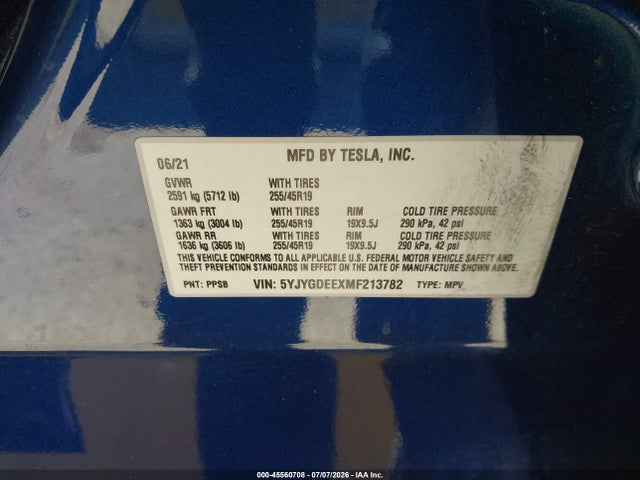 Продаж на аукціоні авто 2021 Tesla Model Y Long Range Dual Motor All-wheel Drive, vin: 5YJYGDEEXMF213782, номер лоту: 45560708