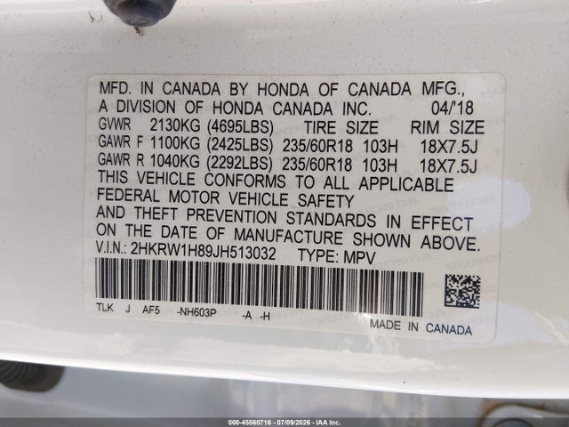 45560716 :رقم المزاد ، 2HKRW1H89JH513032 vin ، 2018 Honda Cr-v مزاد بيع