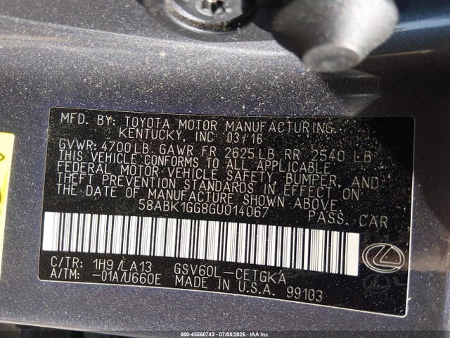 Продаж на аукціоні авто 2016 Lexus Es 350, vin: 58ABK1GG8GU014067, номер лоту: 45560743