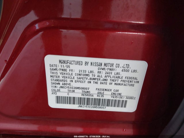 Продаж на аукціоні авто 2006 Infiniti G35, vin: JNKCV51E26M508007, номер лоту: 45560776