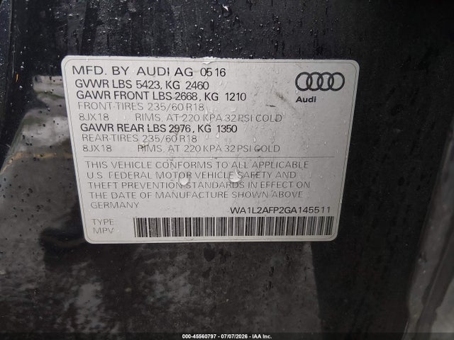 45560797 :رقم المزاد ، WA1L2AFP2GA145511 vin ، 2016 Audi Q5 2.0t Premium مزاد بيع