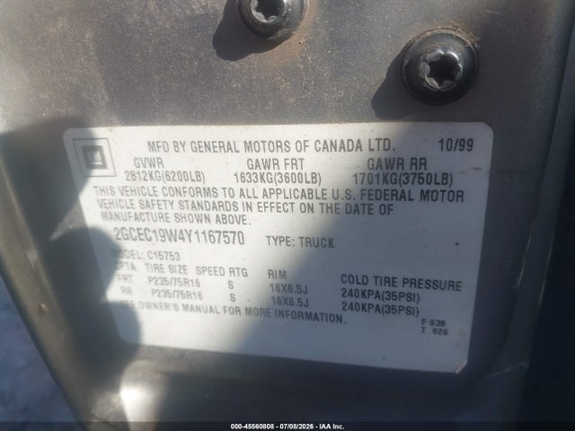 Auction sale of the 2000 Chevrolet Silverado 1500, vin: 2GCEC19W4Y1167570, lot number: 45560808