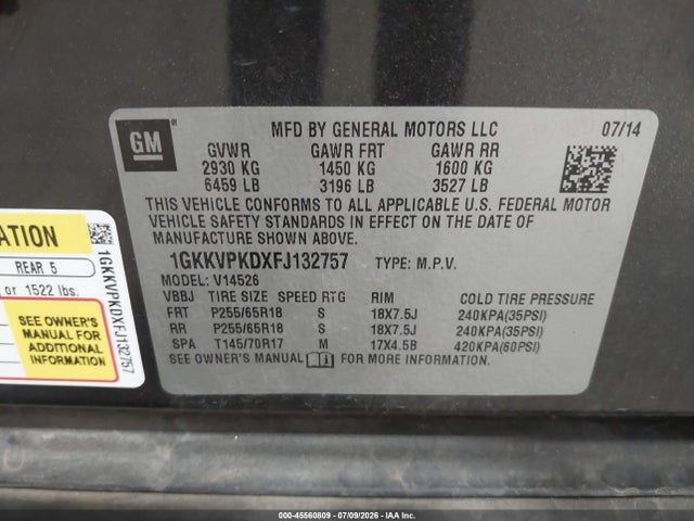 45560809 :رقم المزاد ، 1GKKVPKDXFJ132757 vin ، 2015 Gmc Acadia Sle-2 مزاد بيع