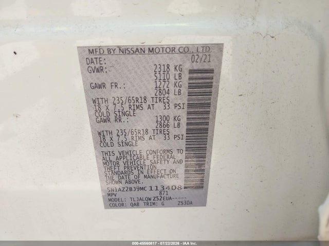 Aukcja sprzedaży 2021 Nissan Murano Sv Fwd, vin: 5N1AZ2BJ9MC113408, numer aukcji: 45560817