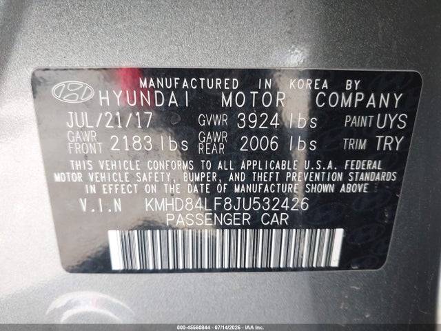 2018 Hyundai Elantra Value Edition მანქანა იყიდება აუქციონზე, vin: KMHD84LF8JU532426, აუქციონის ნომერი: 45560844