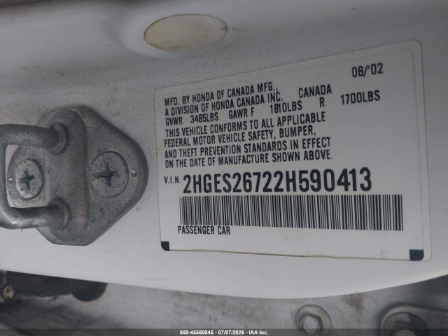2002 Honda Civic Ex მანქანა იყიდება აუქციონზე, vin: 2HGES26722H590413, აუქციონის ნომერი: 45560845