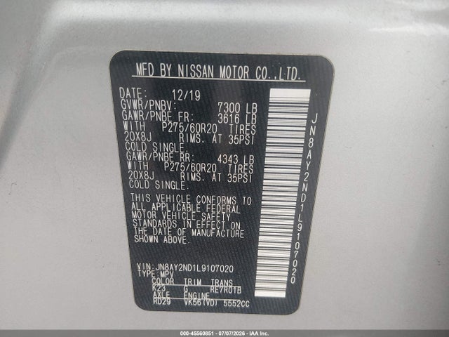 Продаж на аукціоні авто 2020 Nissan Armada Sl 2wd, vin: JN8AY2ND1L9107020, номер лоту: 45560851