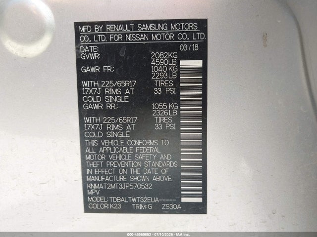 2018 Nissan Rogue Sv მანქანა იყიდება აუქციონზე, vin: KNMAT2MT3JP570532, აუქციონის ნომერი: 45560852