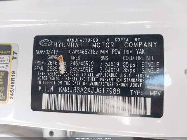 2018 Hyundai Tucson Limited მანქანა იყიდება აუქციონზე, vin: KM8J33A2XJU617988, აუქციონის ნომერი: 45560855